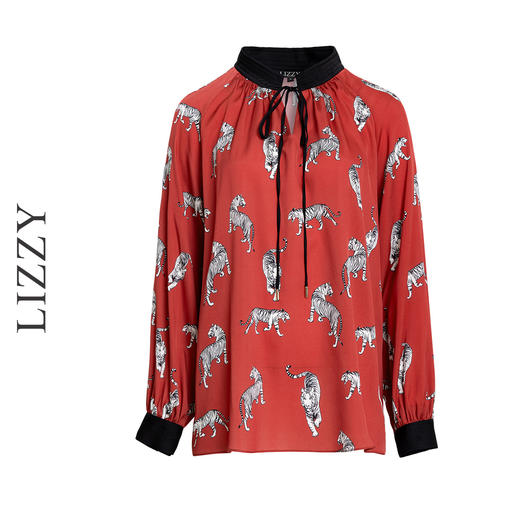 LIZZY 复古时尚洋气动物印花重磅真丝水滴领撞色立领女衬衫7939 商品图6