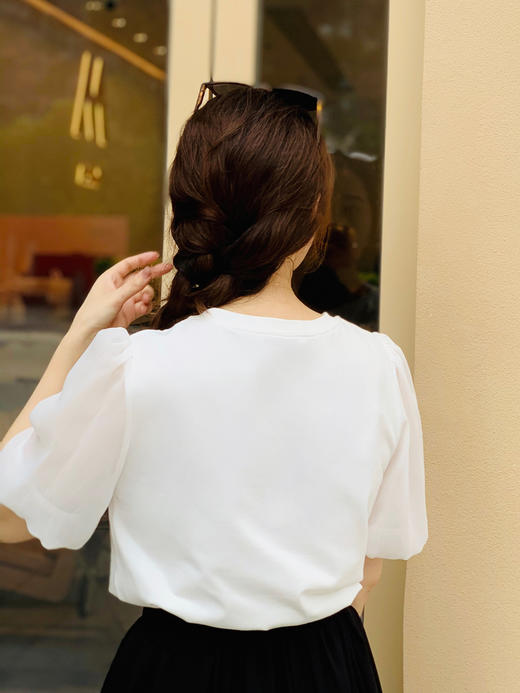 【百图lulu定制】【郁金香小衫】【现货】刺绣郁金香 清透泡泡袖 短袖 上衣 商品图6