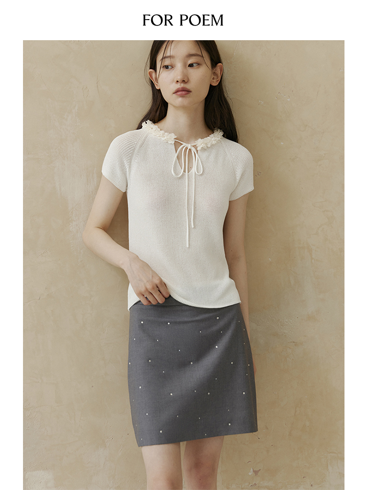 ForPoem 现货 24/SS原创设计夏季立体花边系带修身针织短袖上衣