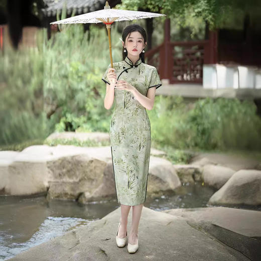 国风清雅气质，新中式竹叶中长款改良旗袍XL1017 商品图0