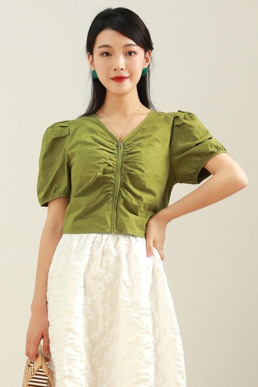 L.Fleuri 拉链褶皱泡泡袖上衣 12728 商品图3