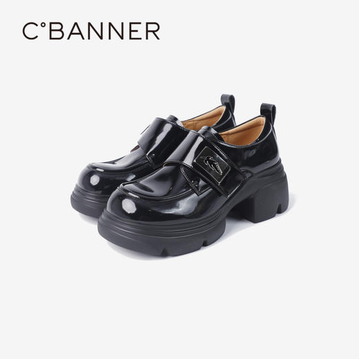 千百度厚底乐福鞋豆豆鞋女春季深口JK黑色轻便增高小皮鞋百搭A24451572 商品图4