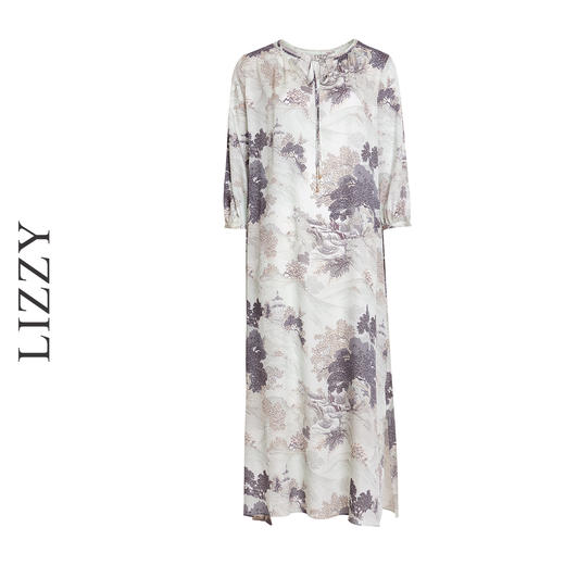 LIZZY 新中式山水画图案圆领中袖阔版型水滴V领连衣裙7941 商品图4