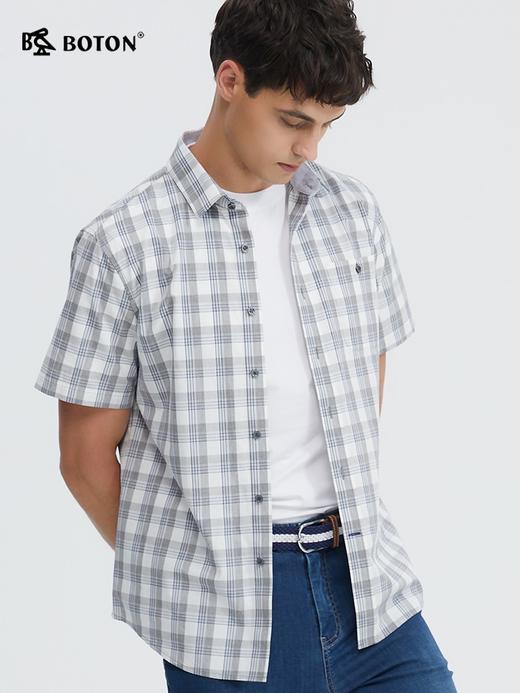 波顿男士春夏短袖灰蓝色格子衬衫高端美式休闲短袖衬衣MS036224 商品图1