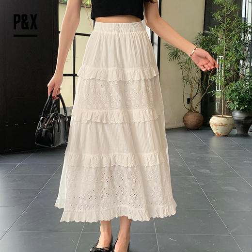 P&X设计师女装夏季蕾丝蛋糕裙褶皱半身长裙 824207680 白色 商品图1