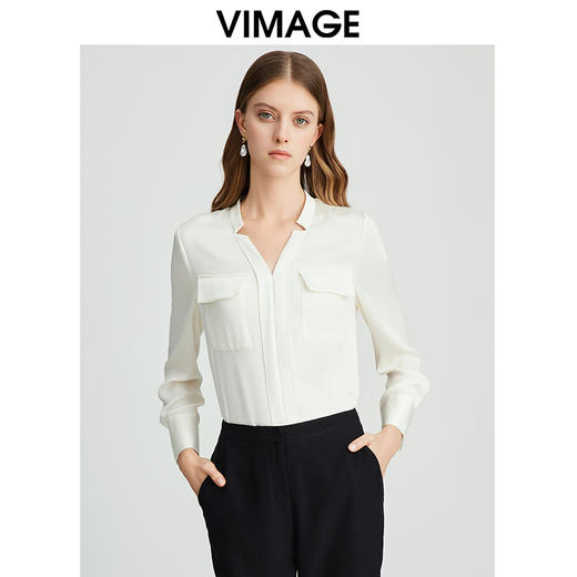 VIMAGE纬漫纪通勤OL气质V领直筒显瘦白色衬衫雪纺上衣秋新款VC2413402 商品图4