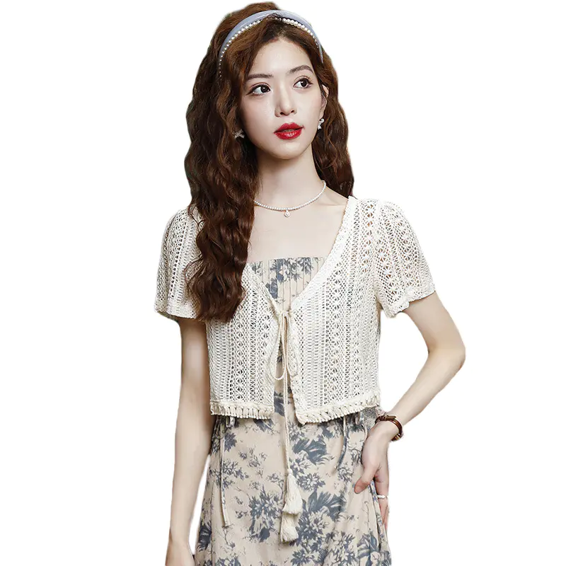 蕾丝镂空防晒开衫,外搭短款小披肩yh