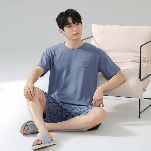  猫人男士短袖格纹蓝色家居服睡衣单套装KYM-5342 商品图0