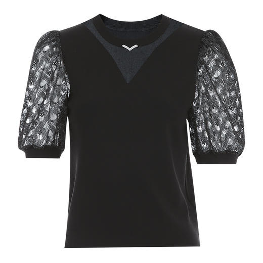 EITIE爱特爱夏季新款镂空网纱气质圆领黑色莱赛尔针织衫上衣B2401318 商品图5