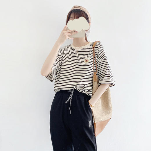 「学院风！小众设计」2024学院风绣花棉质短袖条纹衫女 韩版圆领短袖宽松T恤女款春夏季 商品图3