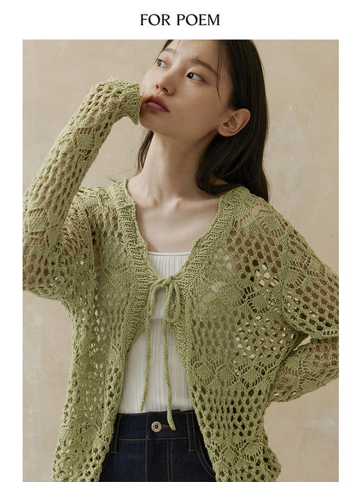 ForPoem 现货 24/SS原创设计亚麻编织镂空复古系带外搭针织罩衫上衣 商品图2