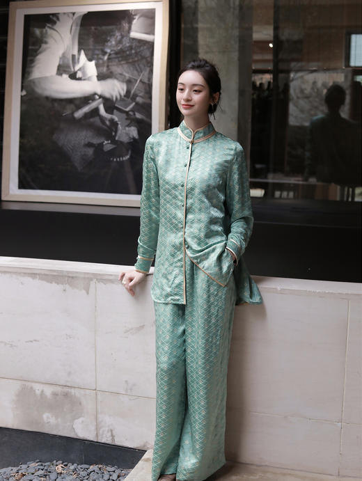 盛唐牡丹 |豆绿色真丝金丝格纹女裤（有内衬) 商品图1