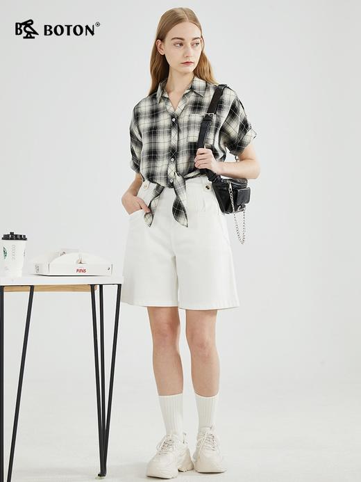 【醋酸速干】波顿春夏女高端黑白撞色拼接格子衬衫短袖LS836223 商品图2
