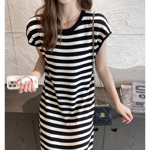 小个子针织正肩短袖连衣裙子2024夏季高级感女装包臀显瘦气质长裙 商品图0