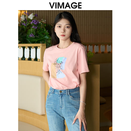 VIMAGE纬漫纪舒适纯棉百搭正肩直筒显瘦印花T恤上衣夏季新款VB2402304 商品图1