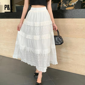 P&X设计师女装夏季蕾丝蛋糕裙褶皱半身长裙 824207680 白色