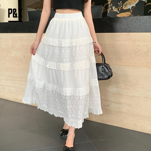 P&X设计师女装夏季蕾丝蛋糕裙褶皱半身长裙 824207680 白色 商品图0