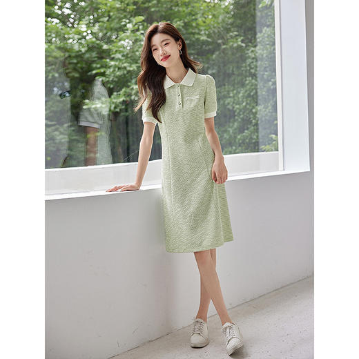 【专属特价】熙世界薄荷绿小香风Polo领连衣裙2025夏新款休闲甜美泡泡袖裙子 商品图4