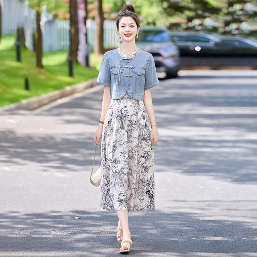 时尚新中式显瘦，气质牛仔短袖碎花裙套装HR-GRS3363 商品图3