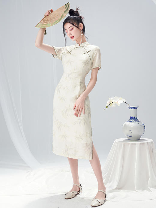 新中式旗袍小清新改良连衣裙新款夏竹叶花色古典短袖裙子V1231333 商品图6