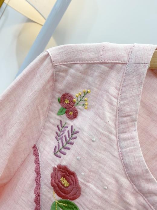 2024新款松植屋《花簇》女款色纺纱布圆领长袖长裤套装手工刺绣小花双层纱纯棉睡衣家居服 商品图3