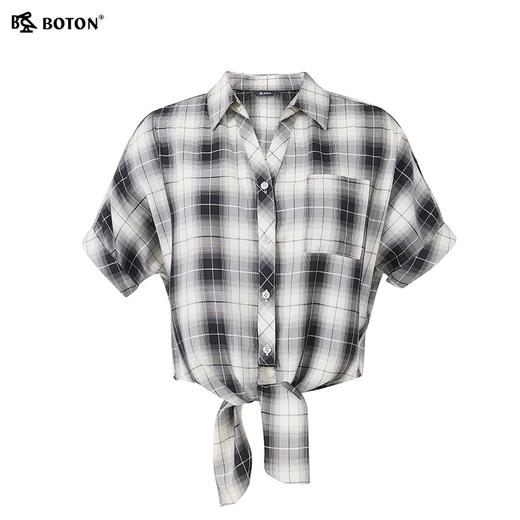 【醋酸速干】波顿春夏女高端黑白撞色拼接格子衬衫短袖LS836223 商品图5