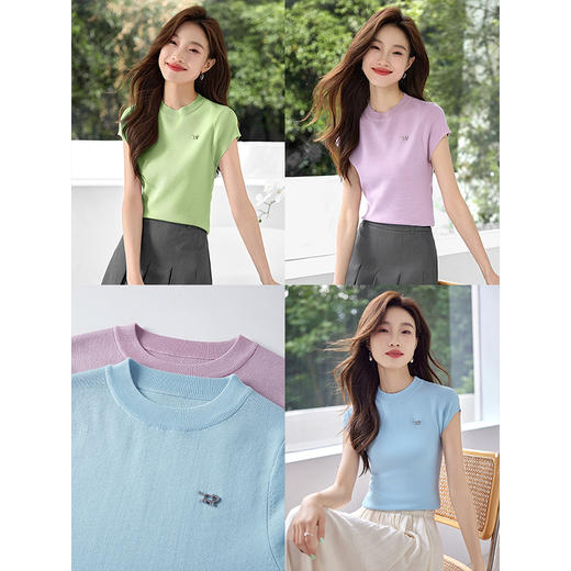 【专属特价】熙世界连肩袖半高领针织衫夏季薄款修身弹力冰丝上衣2025年新款 商品图3