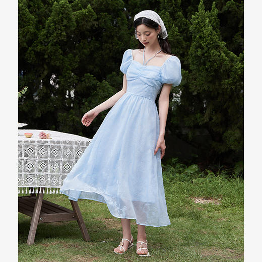 西遇法式浪漫少女感连衣裙子女夏季新款蓝色印花方领收腰长裙D1441292 商品图1