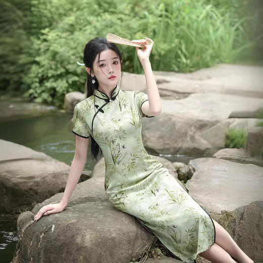 国风清雅气质，新中式竹叶中长款改良旗袍XL1017 商品图2