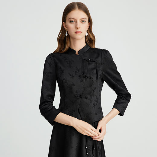 EITIE爱特爱清冷感黑色中式立领不对称暗纹衬衫上衣秋季新款C2413412 商品图3
