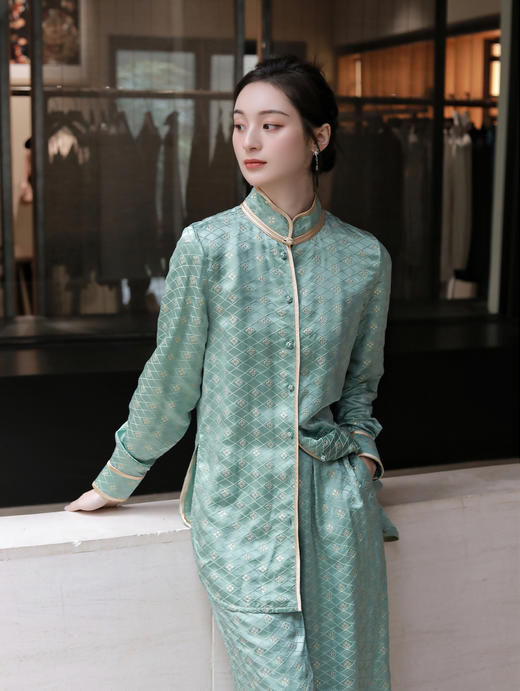 盛唐牡丹 |豆绿色真丝金丝格纹女裤（有内衬) 商品图5