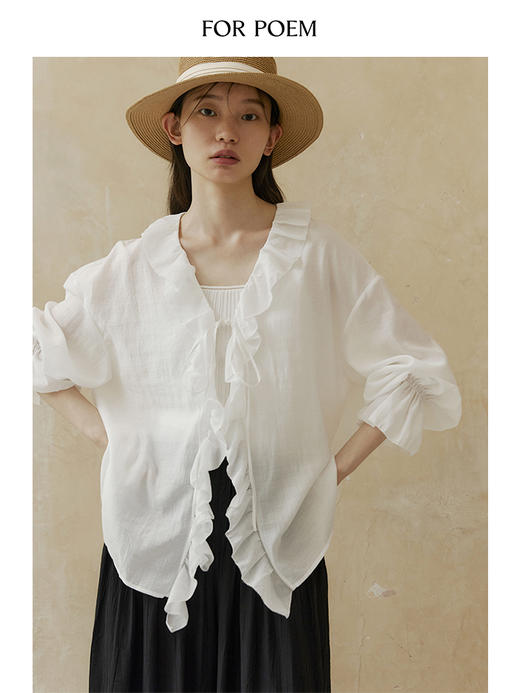 ForPoem 现货 24/SS原创设计醋酸浪漫抽褶荷叶边系带轻薄衬衫防晒衫 商品图0