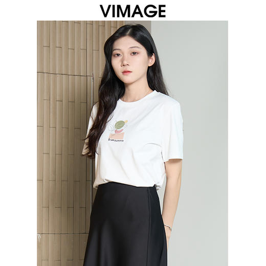 VIMAGE纬漫纪简约百搭白色印花棉感舒适正肩直筒T恤夏季新款VB2402302 商品图0
