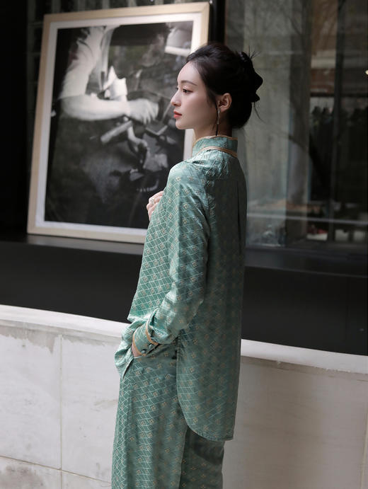 盛唐牡丹 |豆绿色真丝金丝格纹女裤（有内衬) 商品图7