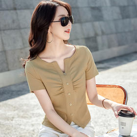 棉质纯欲风V领纽扣高级感褶皱高腰T恤ZS232