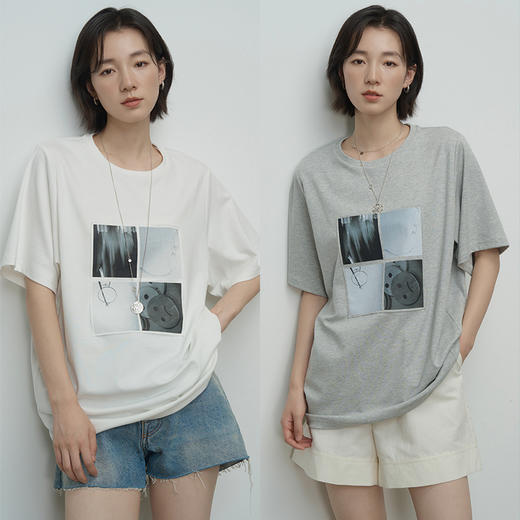 UMILAB【海港】个性鲜明细腻精棉正肩廓形热转印印花百搭T恤T675H 商品图3