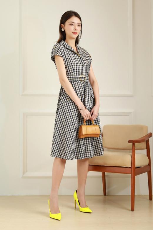 Le Malene 赫本风复古格纹小翻领连衣裙 12204 商品图1