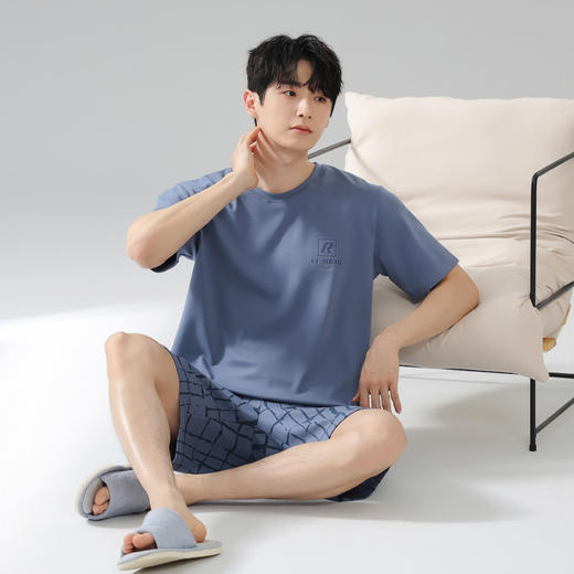  猫人男士短袖格纹蓝色家居服睡衣单套装KYM-5342 商品图5