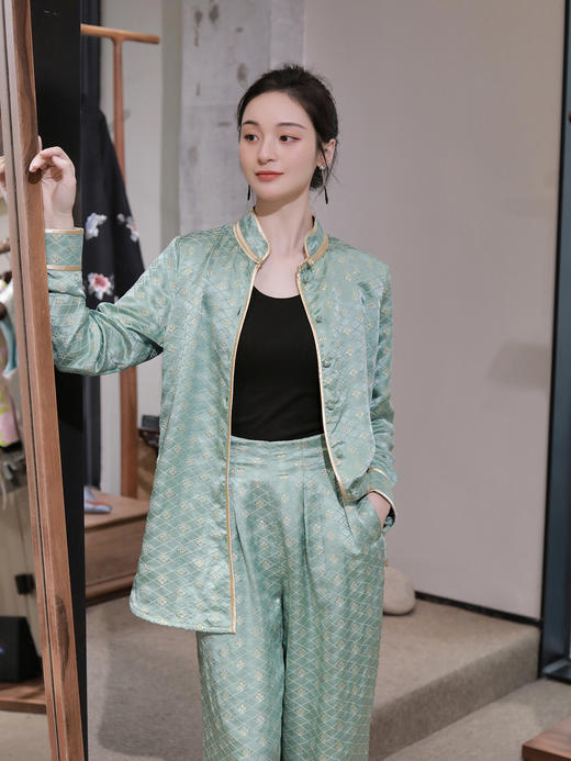 盛唐牡丹 |豆绿色真丝金丝格纹女裤（有内衬) 商品图3