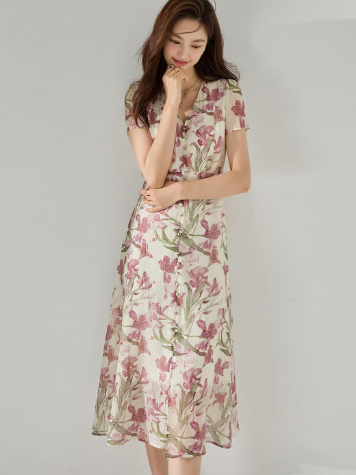 25严选夏褶皱天丝印花茶歇裙法式优雅V领气质收腰鸢尾花中长裙_HLY 商品图3