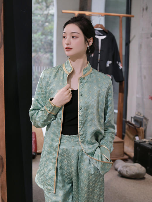 盛唐牡丹 |豆绿色真丝金丝格纹女裤（有内衬) 商品图2