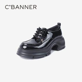 千百度牛津鞋厚底乐福鞋女款秋季增高深口JK黑色小皮鞋A24480381