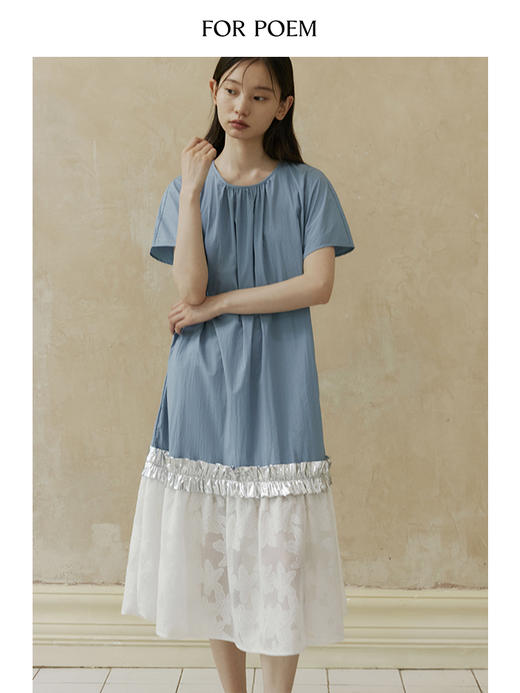 【会员周一口价】ForPoem 现货 24/SS原创设计夏季金属花边蕾丝拼接撞色圆领短袖连衣裙 商品图1