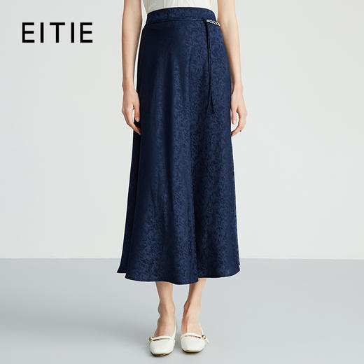 EITIE爱特爱步步生花高腰垂坠深蓝暗纹印花长裙半身裙秋新款C2406412 商品图0