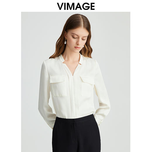 VIMAGE纬漫纪通勤OL气质V领直筒显瘦白色衬衫雪纺上衣秋新款VC2413402 商品图2