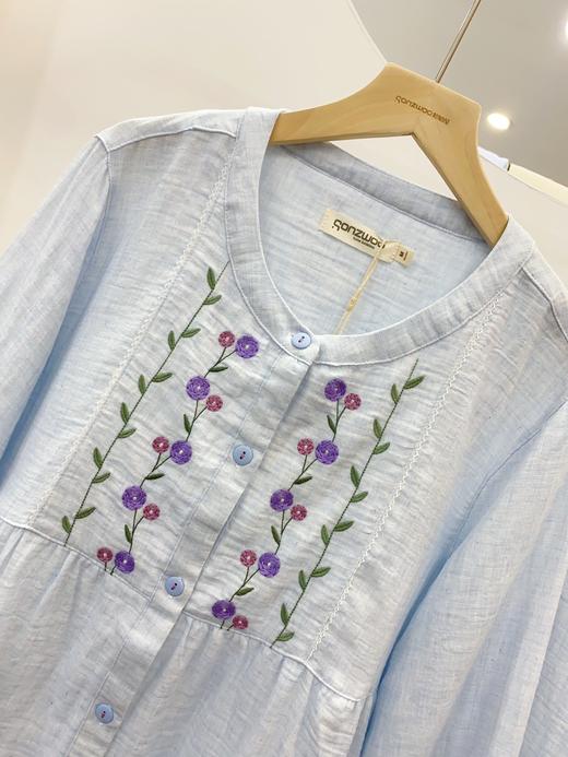 松植屋《烟淡霞》女款圆领长袖长裤家居服套装手工刺绣小花双层棉纱睡衣2024秋季新款 商品图1