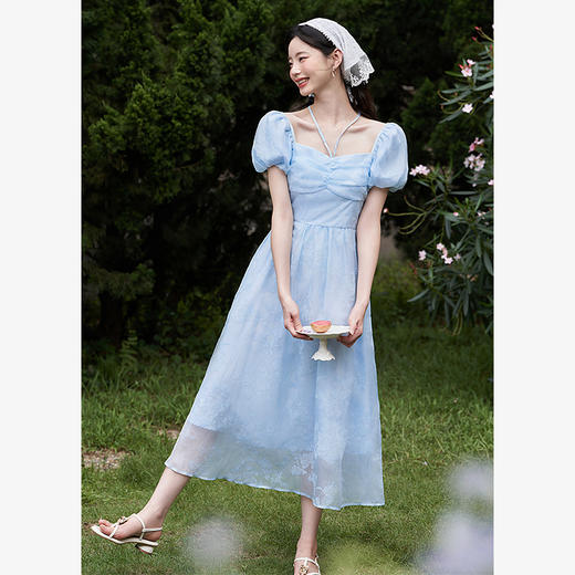西遇法式浪漫少女感连衣裙子女夏季新款蓝色印花方领收腰长裙D1441292 商品图3