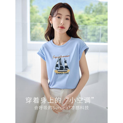【专属特价】熙世界海军风帆船印花T恤2025夏季新款宽松显瘦圆领设计感上衣 商品图2