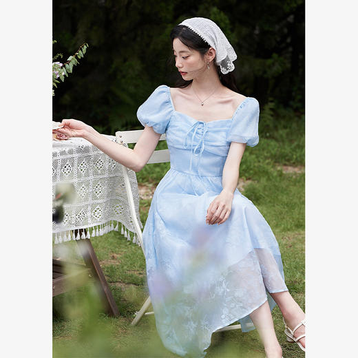 西遇法式浪漫少女感连衣裙子女夏季新款蓝色印花方领收腰长裙D1441292 商品图0