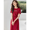 【专属特价】熙世界休闲红色连衣裙夏天新款美式印花短袖修身显瘦开叉T恤裙 商品缩略图4